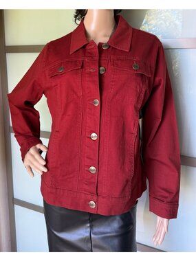 Bandolino Denim Jacket Womens 10P Burgundy Red Stretch Trucker NWT